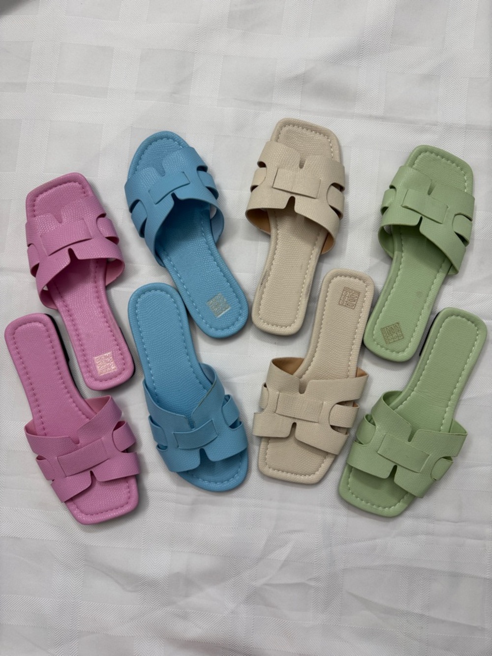 Set of 4. Pastel Snakeskin Embossed Slide Sandals - Pink, Blue, Cream, Green.
